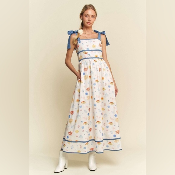 Floral White and Blue Maxi Denim Binding Detail Smocking Summer Maxi Dress - Picture 3 of 10